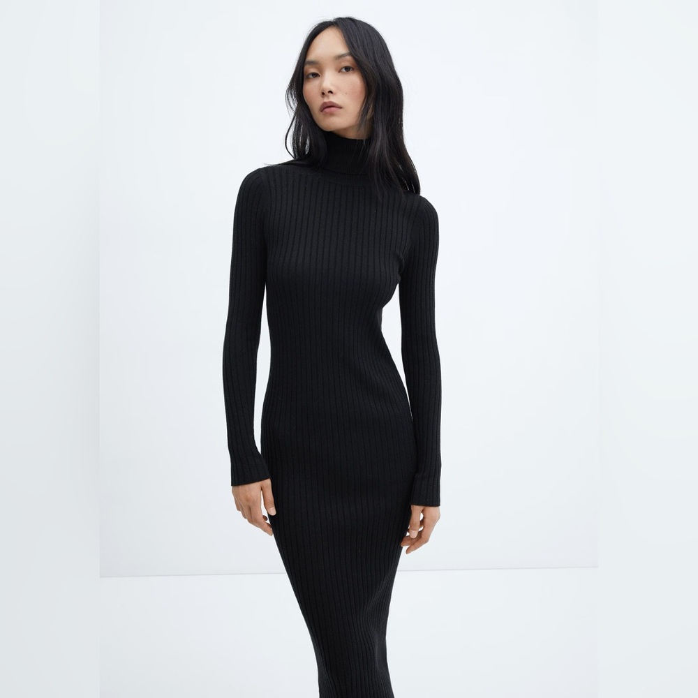 Mango Turtleneck Ribbed Sweater Dress Midi Medium M Black
